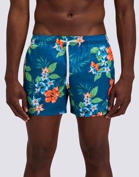 SHORT SWIM SHORTS WITH ELASTIC WAISTBAND IN REPREVE® RECYCLED POLYESTER WITH ISLAND BLISS PRINT