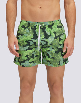 REPREVE® ELASTICATED WAIST SHORT SWIMSHORTS WITH INSIDE PALM PRINT