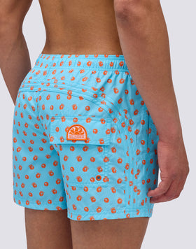 REPREVE® ELASTICATED WAIST SHORT SWIMSHORTS WITH PALM POIS MINI PRINT