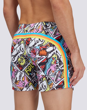 REPREVE® ELASTICATED WAIST SHORT SWIMSHORTS WITH COMIC PRINT