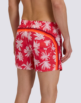 SHORT SWIM SHORTS WITH ELASTIC WAISTBAND IN REPREVE® RECYCLED POLYESTER WITH PALM OASIS PRINT
