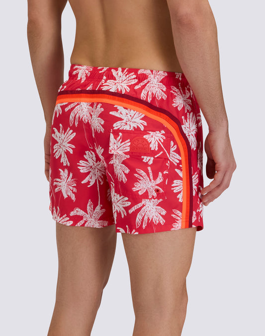 SHORT SWIM SHORTS WITH ELASTIC WAISTBAND IN REPREVE® RECYCLED POLYESTER WITH PALM OASIS PRINT