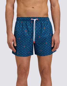 MEN'S SHORT SWIM TRUNKS WITH ELASTIC WAIST, REPREVE® RECYCLED POLYESTER WITH SUNCRAB PRINT