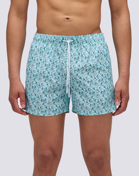 REPREVE® ELASTICATED WAIST SHORT SWIMSHORTS WITH MINI SURF PRINT