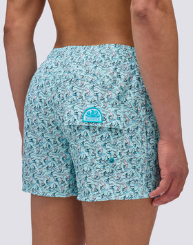 REPREVE® ELASTICATED WAIST SHORT SWIMSHORTS WITH MINI SURF PRINT