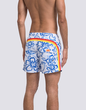 MEN'S SHORT SWIMSUIT WITH ELASTIC WAIST AND ARCHIVE HIBISCUS PRINT SK23