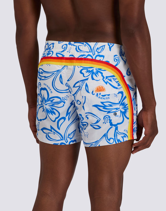 MEN'S SHORT SWIMSUIT WITH ELASTIC WAIST AND ARCHIVE HIBISCUS PRINT SK23
