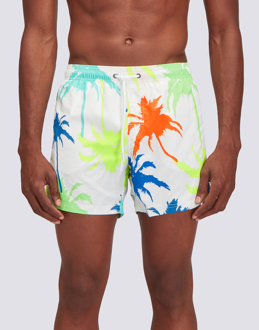 RECYCLED POLY SHORT SWIMSHORTS WITH ELASTIC WAIST MULTIPALM PRINT