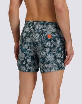 MEN'S SHORT SWIMSUIT WITH ELASTIC WAIST AND HIBI PAISLEY PRINT IN RECYCLED POLY