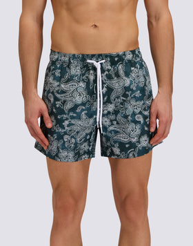 MEN'S SHORT SWIMSUIT WITH ELASTIC WAIST AND HIBI PAISLEY PRINT IN RECYCLED POLY