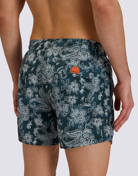 MEN'S SHORT SWIMSUIT WITH ELASTIC WAIST AND HIBI PAISLEY PRINT IN RECYCLED POLY