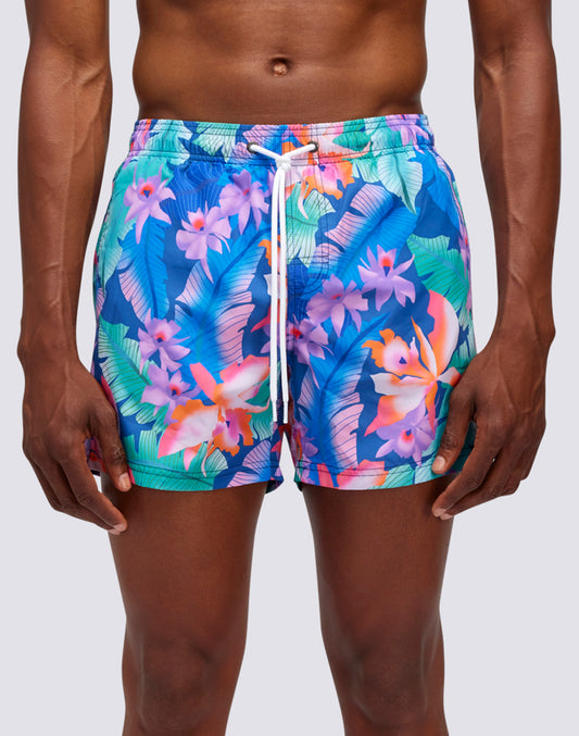 RECYCLED POLY SHORT SWIMSHORTS WITH ELASTIC WAIST ORCHID PARTY PRINT