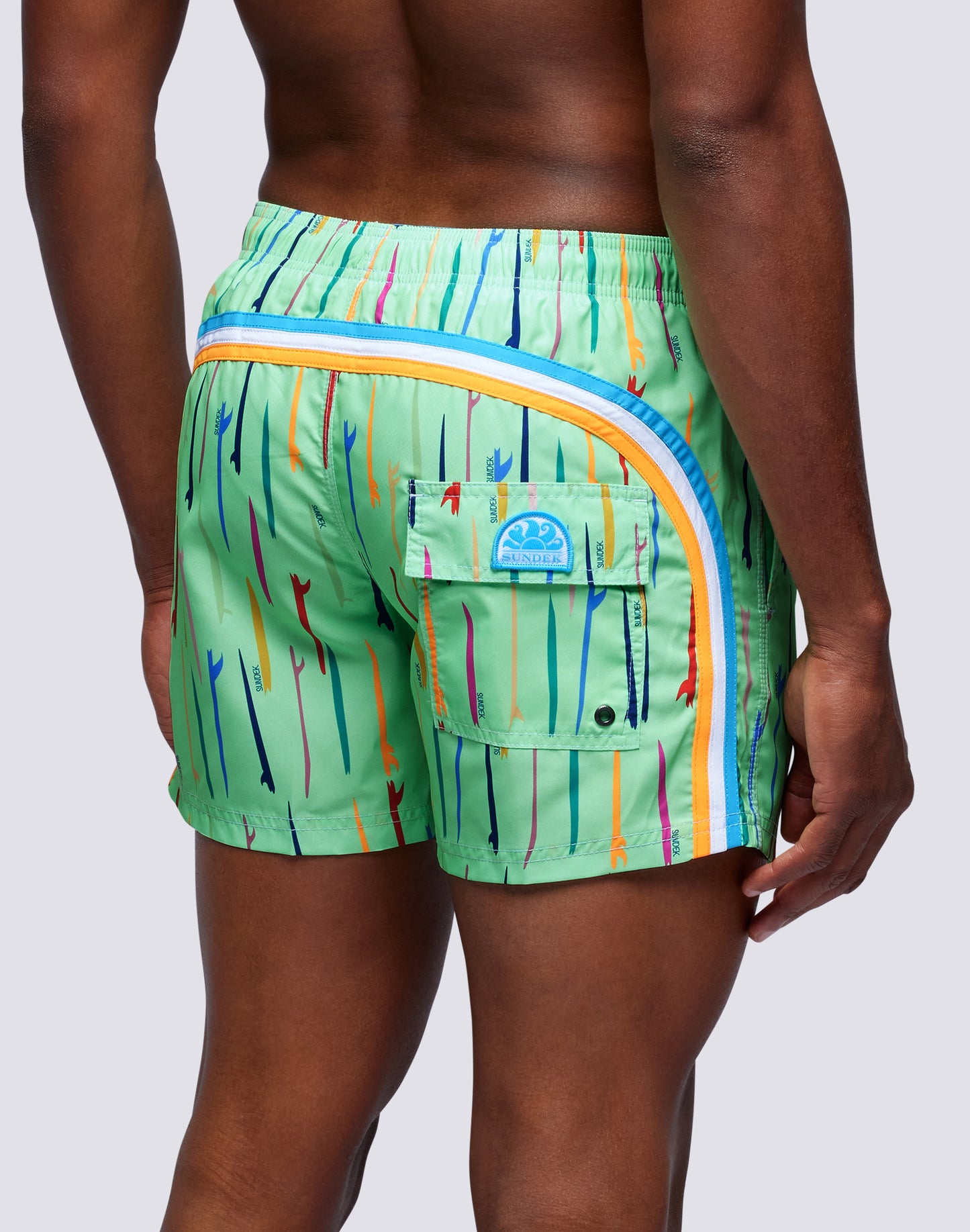 MICROPRINT POP SURF REPREVE® ELASTICATED WAIST SHORT SWIMSUIT