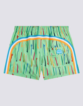 MICROPRINT POP SURF REPREVE® ELASTICATED WAIST SHORT SWIMSUIT