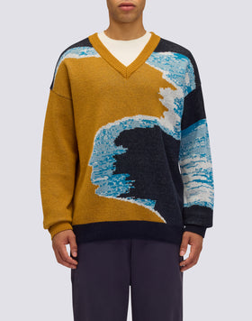 MEN'S JACQUARD SWEATER WITH V-NECK AND SEA-EFFECT COLORS