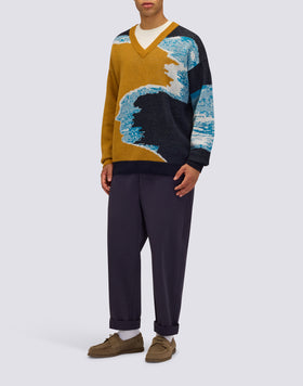 MEN'S JACQUARD SWEATER WITH V-NECK AND SEA-EFFECT COLORS