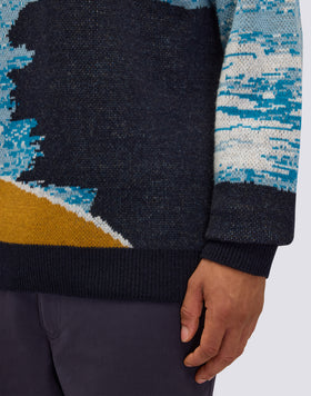 MEN'S JACQUARD SWEATER WITH V-NECK AND SEA-EFFECT COLORS
