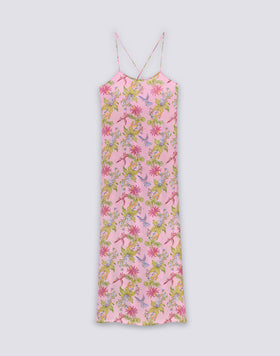 LONG SLEEVELESS WOMEN'S DRESS WITH SWEET PARROT PRINT