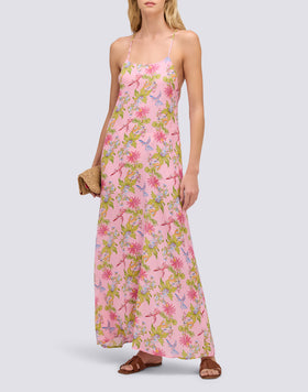LONG SLEEVELESS WOMEN'S DRESS WITH SWEET PARROT PRINT