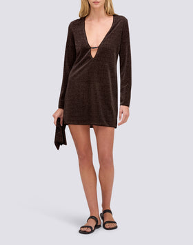 WOMEN'S SHORT LUREX DRESS WITH DEEP NECKLINE