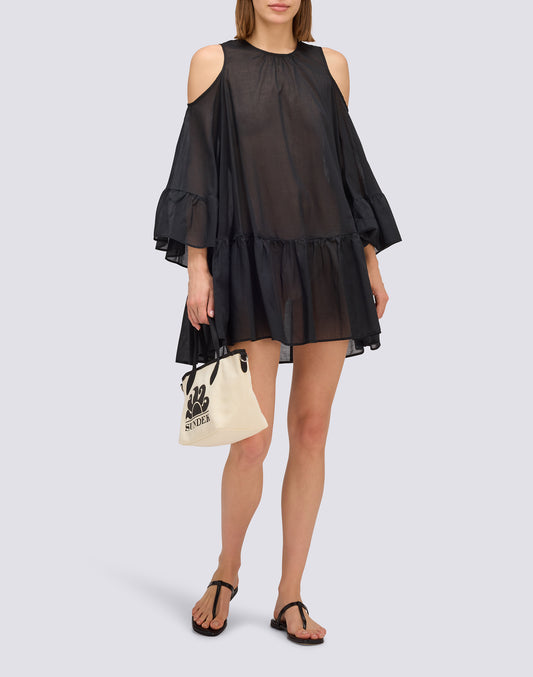 SHORT DRESS WITH OFF-THE-SHOULDERS IN COTTON VOILE