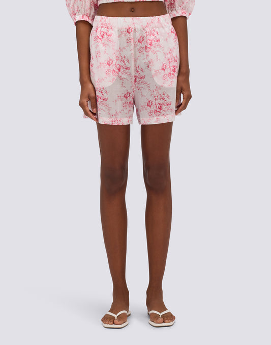 WOMEN'S ELASTICATED WAIST SHORTS WITH ROSE DE JOIE PRINT