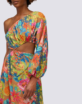 ONE-SHOULDER DRESS WITH CUT ON ONE SIDE AND WILD GARDEN PRINT