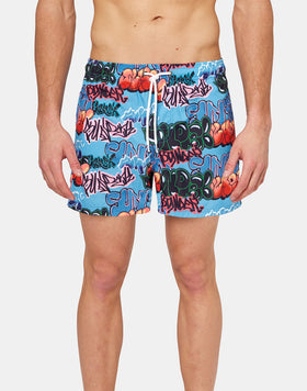SHORT ELASTICATED WAIST SWIMSHORTS WITH BUBBLE TAG PRINT
