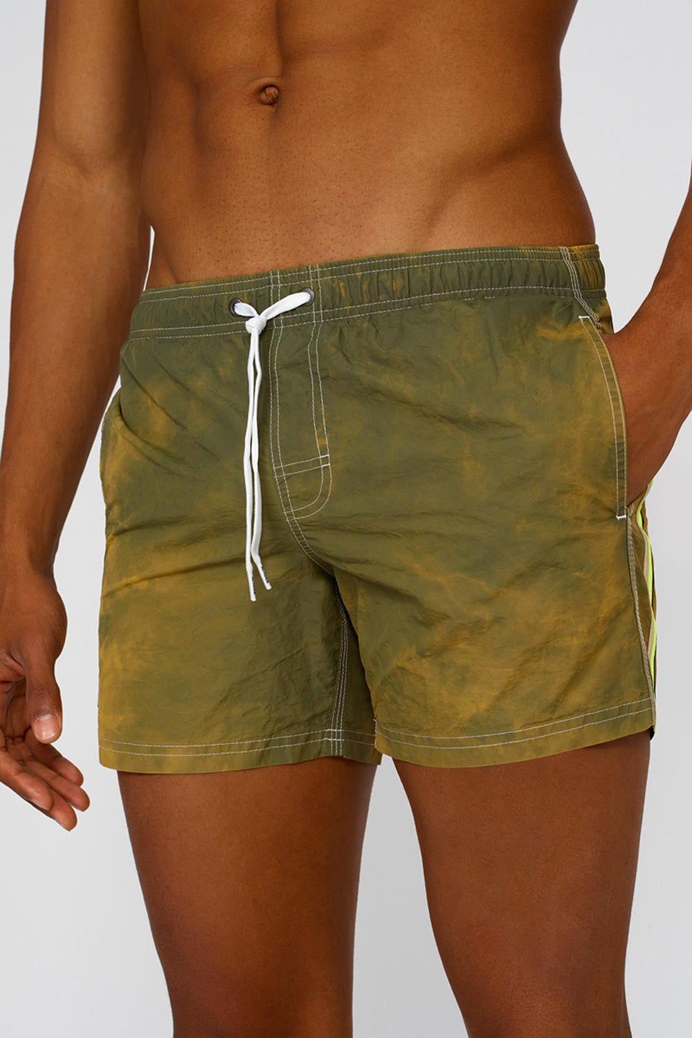 STONE WASH SHORT SWIM SHORTS WITH AN ELASTICATED WAISTBAND