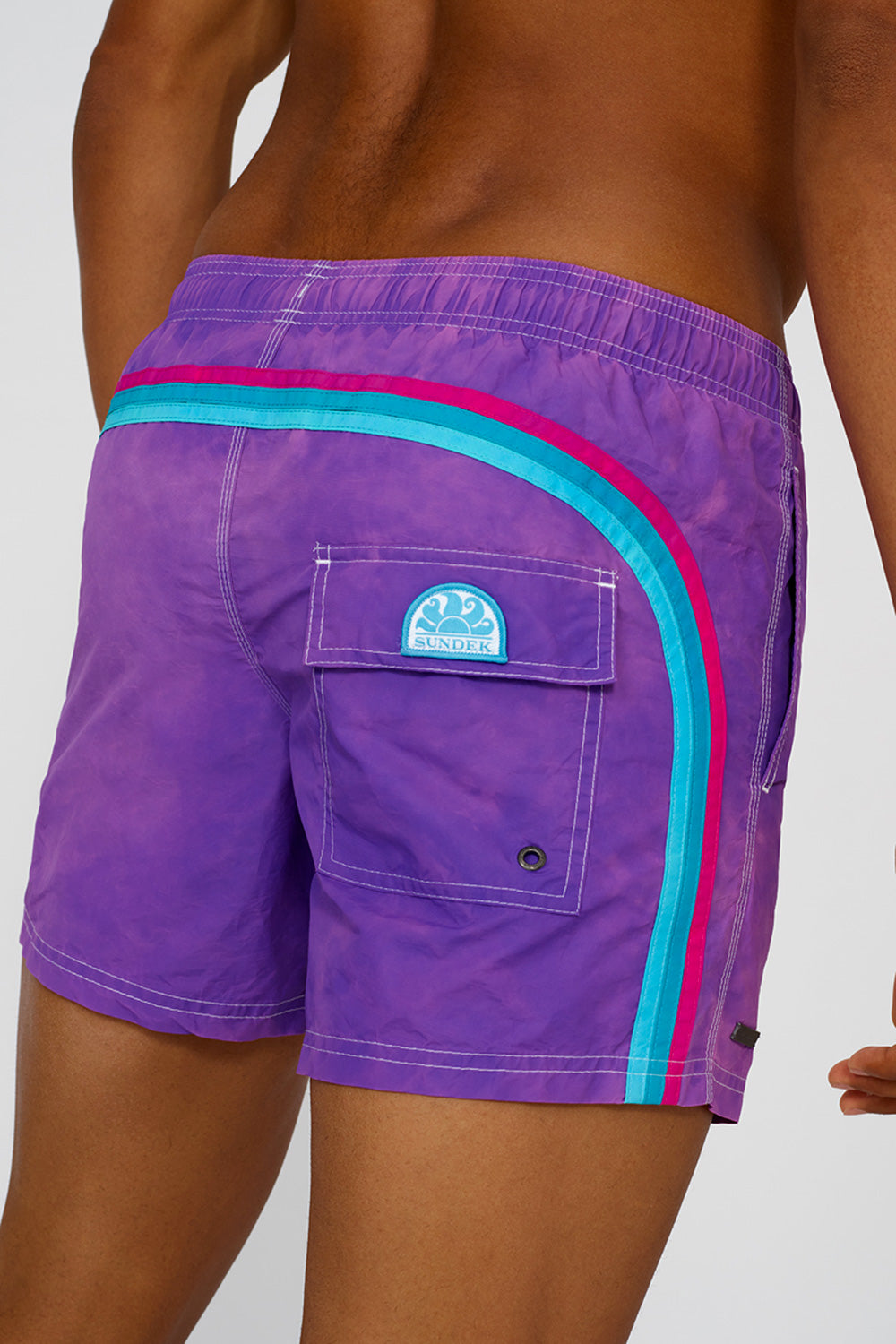 STONE WASH SHORT SWIM SHORTS WITH AN ELASTICATED WAISTBAND