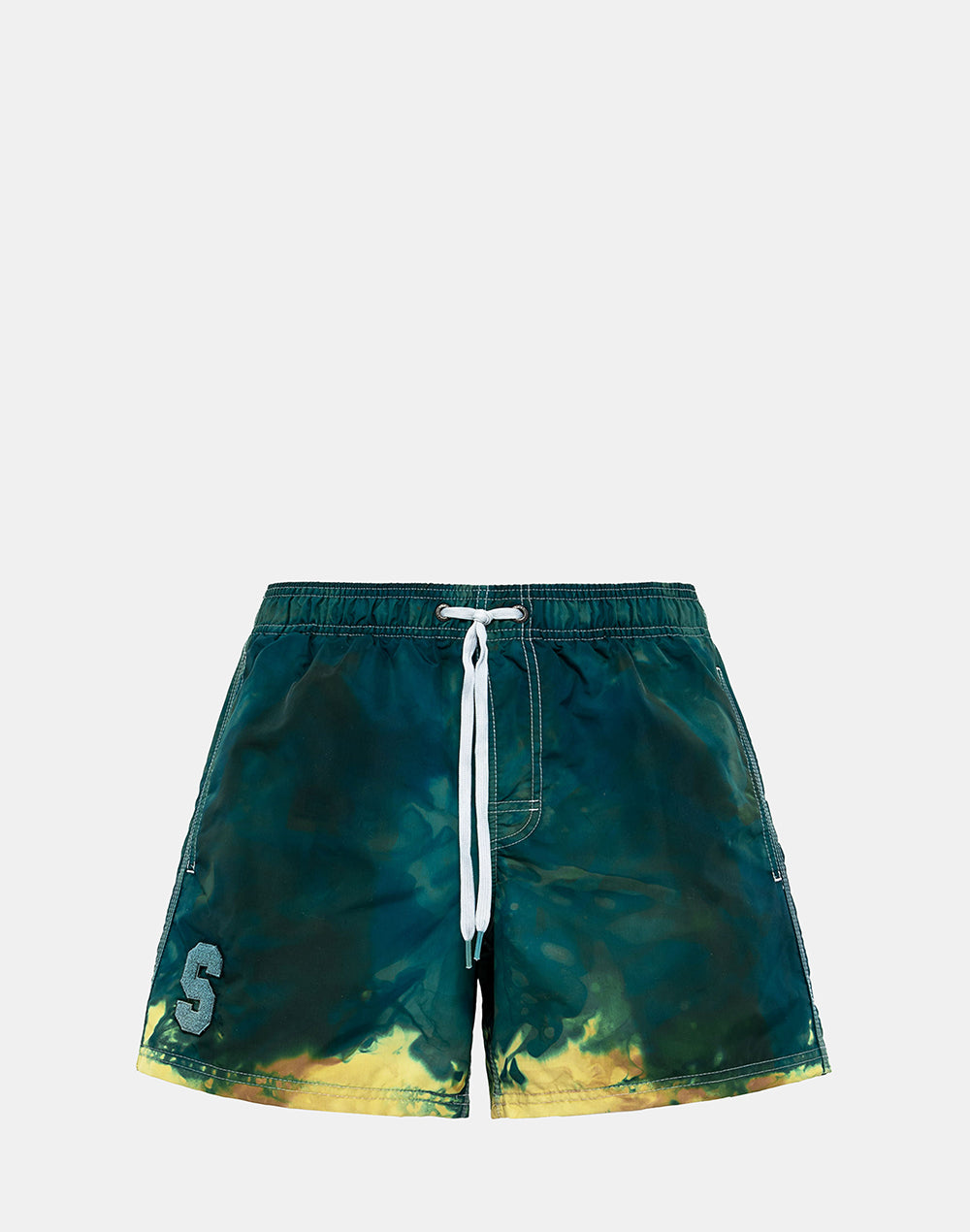 SHORT SWIM SHORTS WITH AN ELASTICATED WAISTBAND AND PATCH